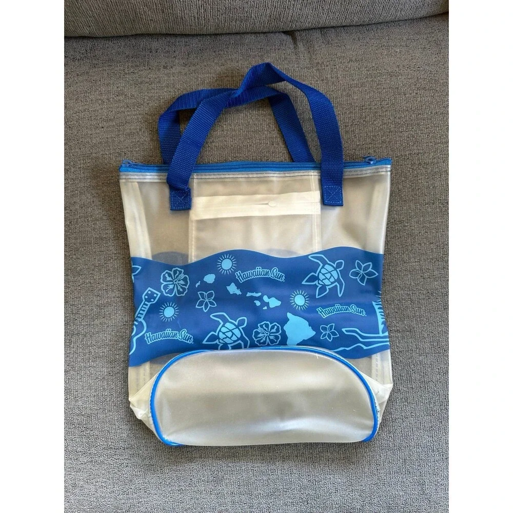 Hawaiian Sun Hibiscus Turtle Plumeria Ukulele Clear Plastic Summer Tote Bag